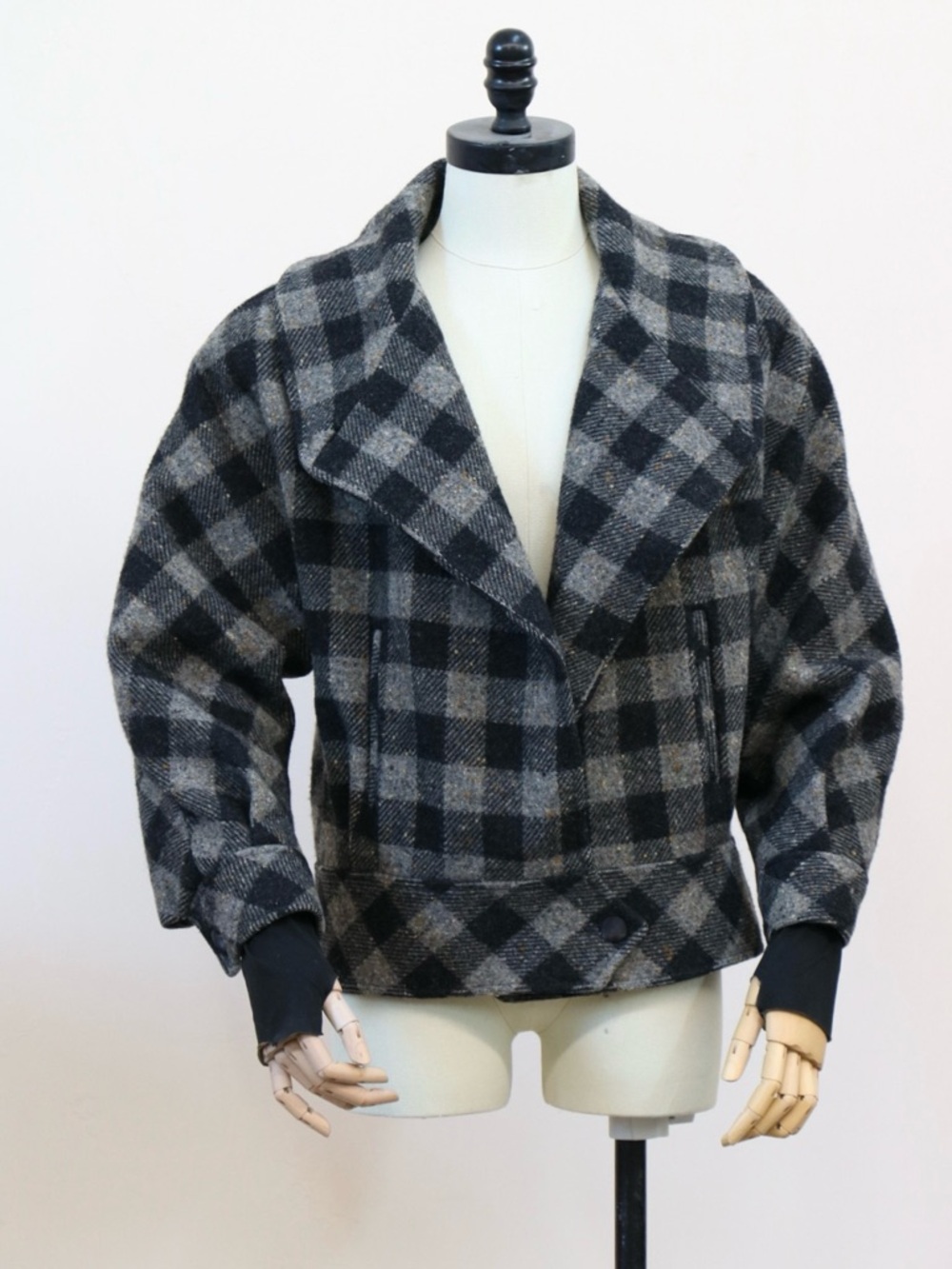 Womens Black & Gray Plaid Wool-Blend Jacket